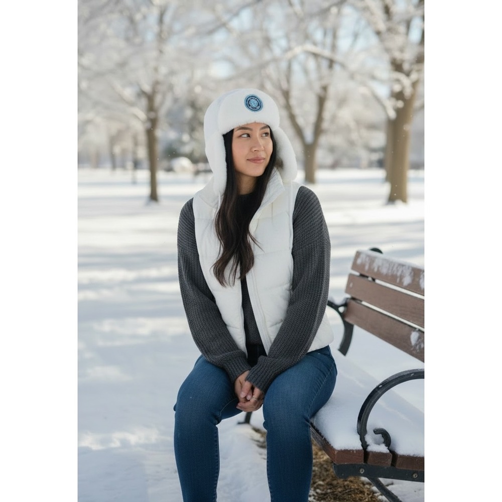 Minus 5 Ice Bar White Faux Fur Trapper Hat‎ Ear Flaps Quilted Lining One Size